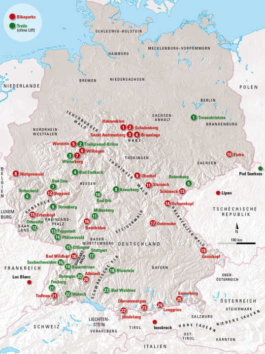   25 Bikeparks (rote Markierungen) und 23 Trailcenter / Flowtrails (grün) finden Sie übersichtlich in unserer Deutschland-Karte. 
