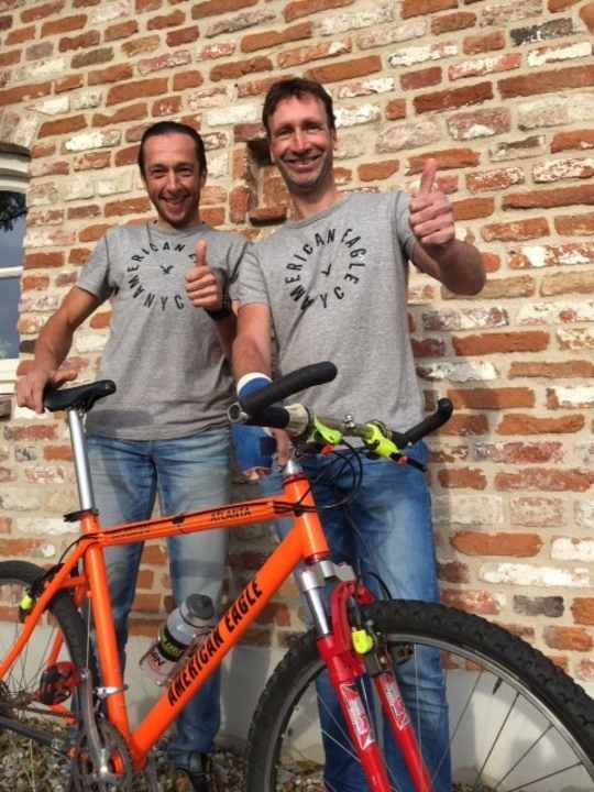   Bart Brentjens and Henk Schipper with the 1996 Olympic bike.