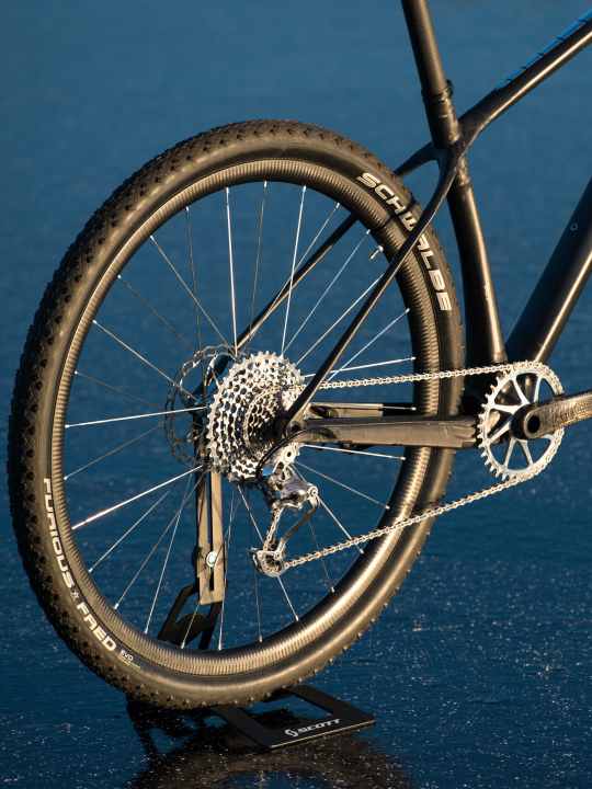   A 36 t chainring from Garbaruk sits on the Tune Black Foot crank. The rear derailleur is from the A-GE by Acros, but has also been polished and finished by hand.