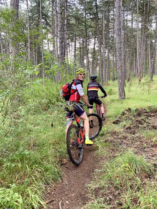 "Yes, let's ride the red and white trail. Like we always do." Larry: "I don't know where you always ride. We're going this way."