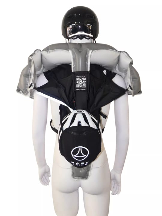 The manufacturer claims a battery life of 30 hours after closing the activation buckle. After deployment, the airbag can be folded up and the inflator can be replaced.