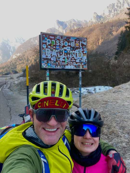 A quick selfie at the Passo dell Ballino pass sign.