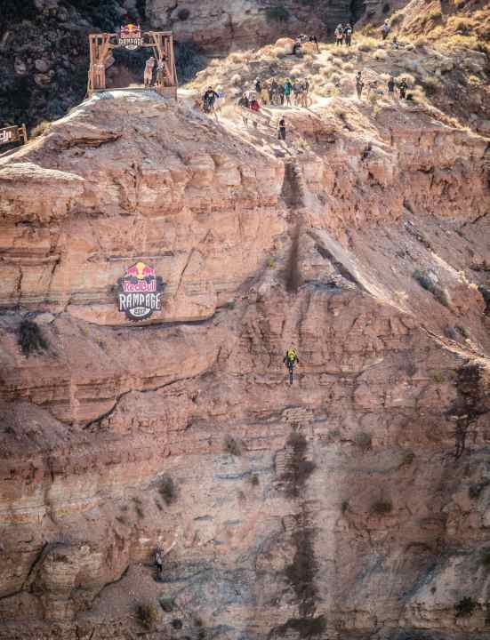 More falling than riding: Pierre-Edouard Ferry dares the steepest descent in the history of the Red Bull Rampage with a measured 63 degree gradient.