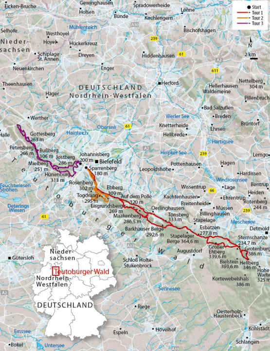  Overview map of the three tours in the Teutoburg Forest