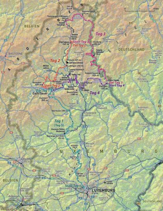 The four tour days in Luxembourg in the map view.