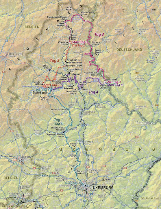 Man könnte die Tour auch dreitägig von/bis Esch/Sauer machen, verpasst dann aber schöne Trails an Tag 1.