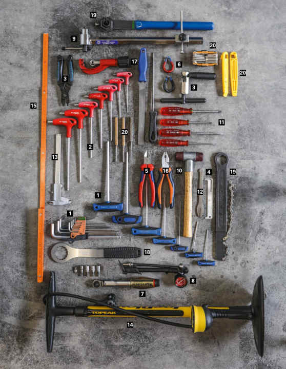 Tools that no bicycle workshop should be without - from Allen key (1) to miscellaneous (20).