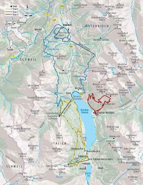   The three enduro trail tours around Nauders am Reschenpass in the overview map.