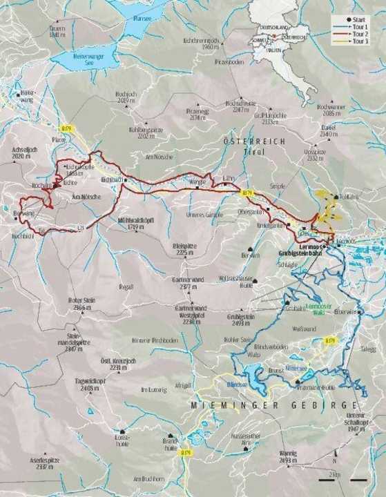   The three MTB tours from BIKE 11/2016 from the Zugspitz Arena around Ehrwald, Biberwier and Lermoos in the overview map.