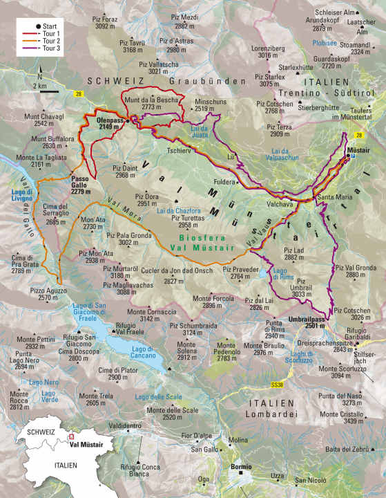   The map of the three MTB tours in Val Müstair from BIKE 12/18.