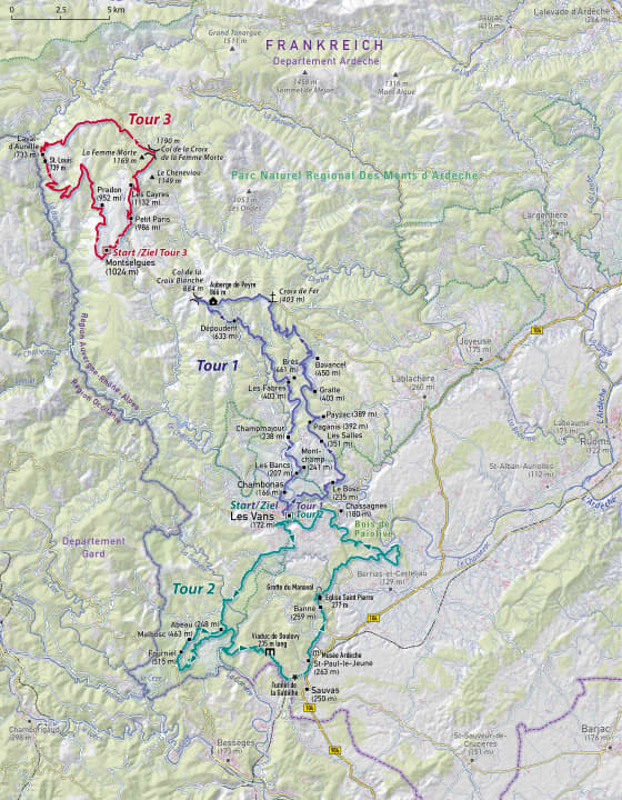 The Monts d' Ardèche in the southern département of Auvergne and their three best tours for mountain bikers. | Map: Karin Kunkel-Jarvers