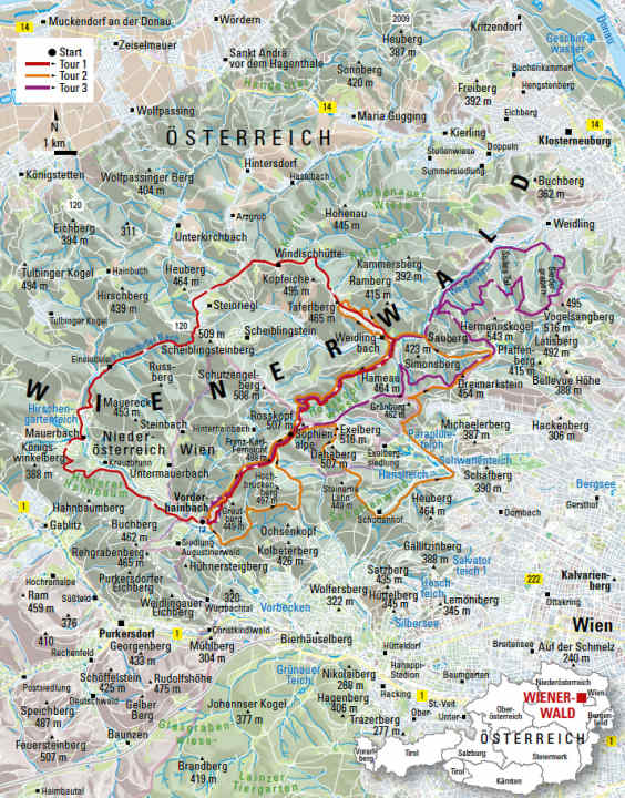 Overview map of the three tours in the Vienna Woods