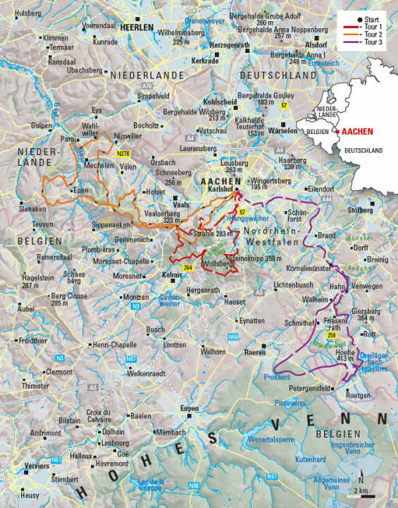 The three MTB tours around Aachen in the overview map