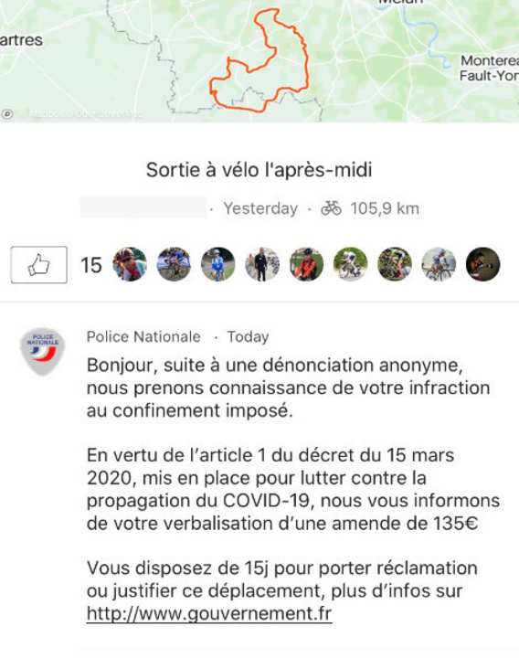   135 Euro Strafe drohen diesem französischen Radfahrer fürs Fahren trotz Ausgangssperre. Aber nicht weil er aufgehalten wurde, sondern weil er seine Fahrt bei Strava hochgeladen hat.