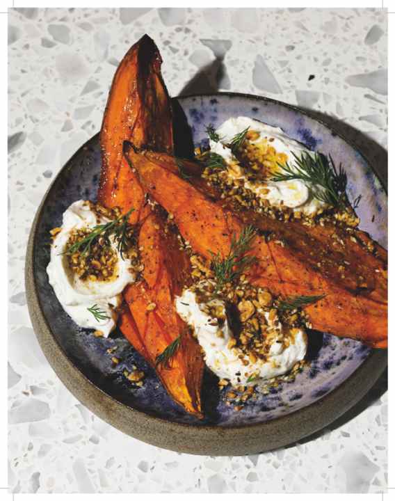 Baked sweet potato with goat's cheese cream and dukkah