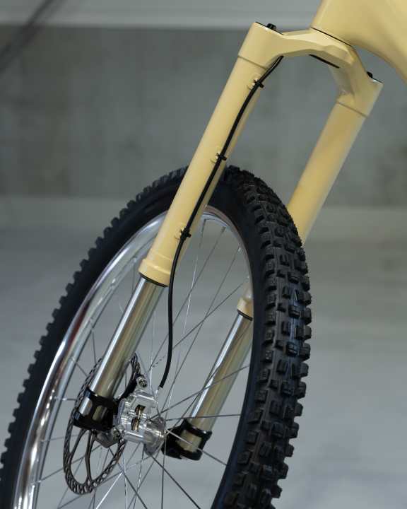 The brake hose is routed through the head tube and the fork crown of the Intend Hero.