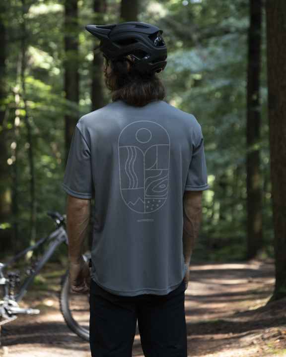 Short sleeves, in grey - with a large print on the back.