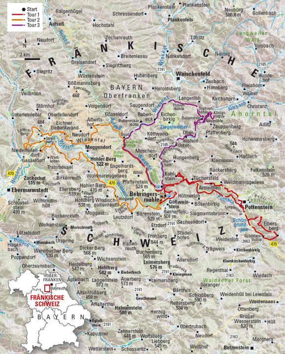   Franconian Switzerland map: an overview of the three tours