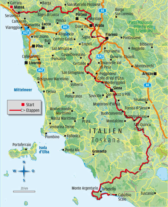   The route of the Tuscany Trail: 560 kilometres non-stop on a self-supported MTB through Tuscany.