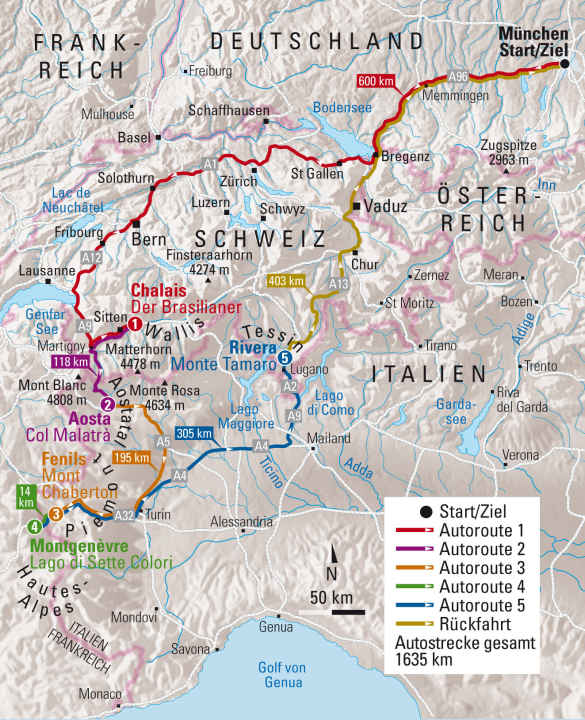   The overview map for our MTB road trip to the five best trails in the Western Alps.