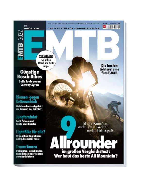   <a href="https://www.delius-klasing.de/emtb-01-2022-emb-2022-01" target="_blank" rel="noopener noreferrer">EMTB 01/2022</a> - now on sale. You can obtain the new EMTB conveniently in the <a href="https://www.delius-klasing.de/abo-shop/?zeitschrift=233&utm_source=emb_web&utm_medium=red_heftinfo&utm_campaign=abo_emb" target="_blank" rel="noopener noreferrer">subscription</a>, in our <a href="https://www.delius-klasing.de/emtb" target="_blank" rel="noopener noreferrer">online shop</a> and as an app edition for <a href="https://apps.apple.com/de/app/emtb-magazin/id1079396102" target="_blank" rel="noopener noreferrer nofollow">Apple</a> and <a href="https://play.google.com/store/apps/details?id=de.delius_klasing.emtb" target="_blank" rel="noopener noreferrer nofollow">Android</a> .