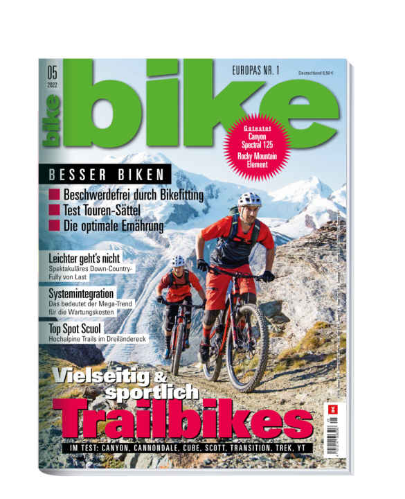 BIKE 05/2022 - with over 25 pages focussing on "Better biking", trail bikes up to 4800 euros in comparison and the latest bikes from Canyon, Orbea and Rocky Mountain in individual tests - read it now! Order the <a href="https://shop.delius-klasing.de/bike-05-2022-p-BIK-2022-05/" target="_blank" rel="noopener noreferrer">BIKE directly to your home</a> or read the digital edition in the BIKE app for<a href="https://apps.apple.com/at/app/dk-magazin-kiosk/id1588235359" target="_blank" rel="noopener noreferrer nofollow"> iOS</a> or <a href="https://play.google.com/store/apps/details?id=delius.klasing.android" target="_blank" rel="noopener noreferrer nofollow">Android</a>. You can experience the <a href="https://shop.delius-klasing.de/zeitschriften/radsport/bike/?selected_product=KP0005831p" target="_blank" rel="noopener noreferrer">BIKE subscription</a> at a particularly favourable price and conveniently.