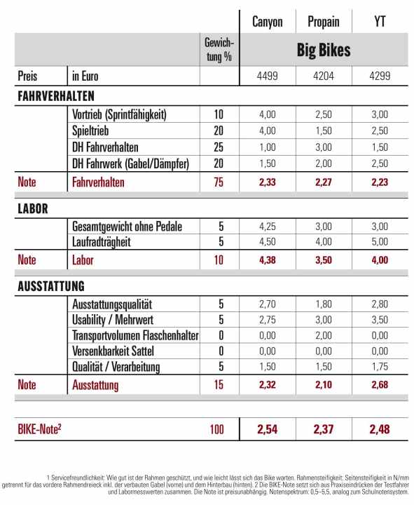Die Testergebnisse in Punkten