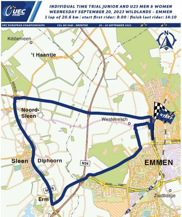 The route of the 2023 European Championship individual time trials for juniors, U23 women and U23 men