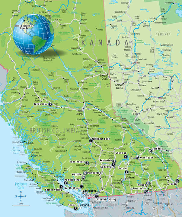   Overview map: the 18 best MTB spots in British Columbia.