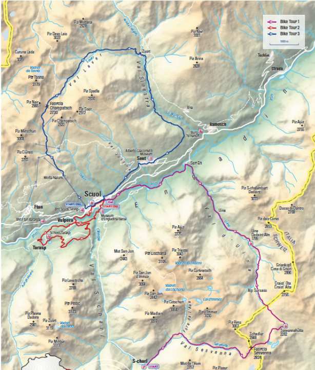Die drei Touren rund um Scuol in der Übersichtskarte