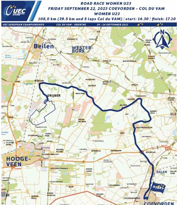 Le parcours de la course sur route des CE U23 femmes 2023