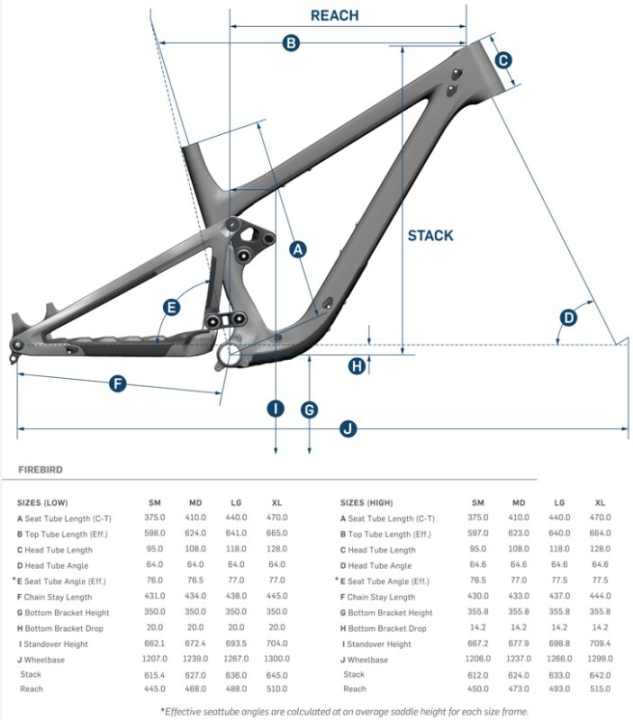   The geometry at a glance: A slack head angle and long reach should ensure a smooth ride. Size-specific chainstay lengths should give the Firebird the necessary playfulness.