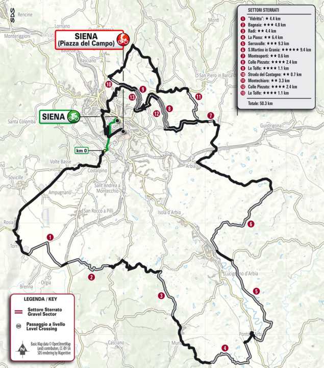 Strade Bianche 2025: The route of the women's race with sectors on the map