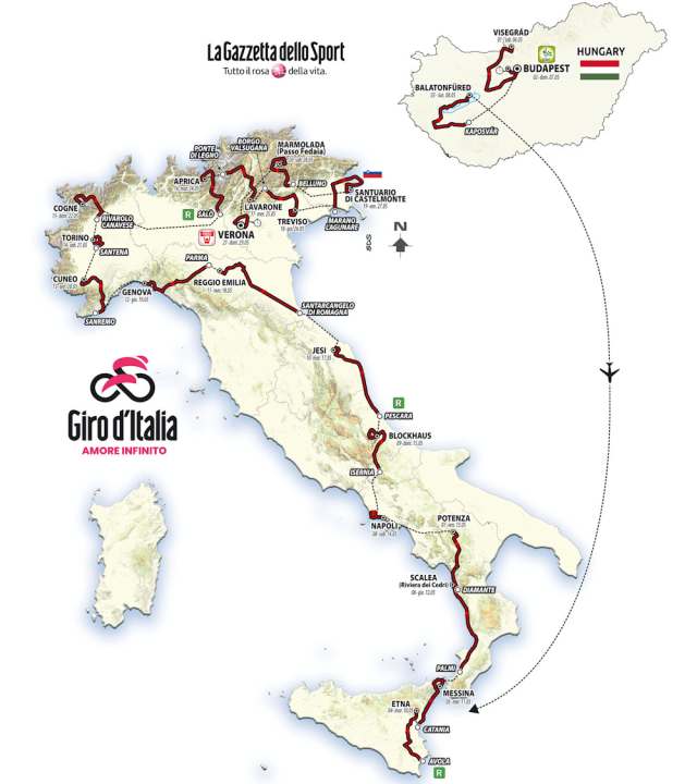 Toutes les étapes du Giro d'Italia 2022 dans la carte d'ensemble