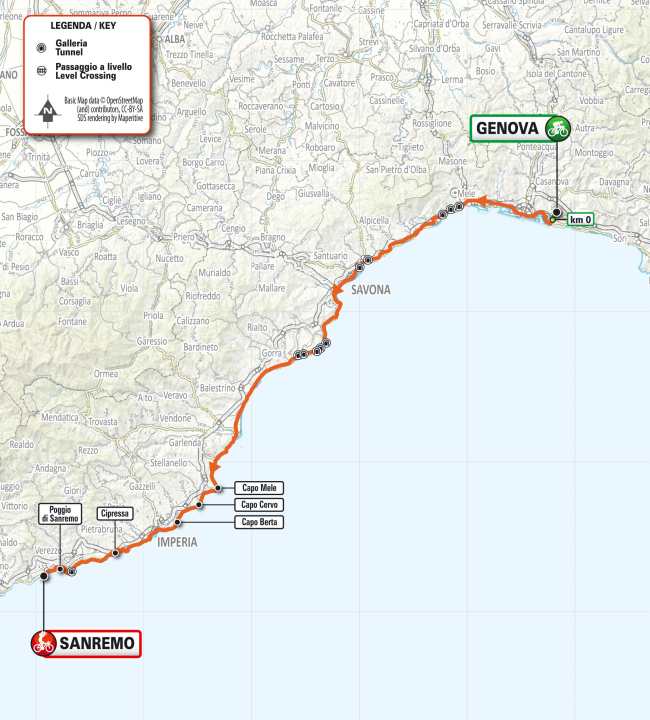 The course of the Milan-San Remo women's race