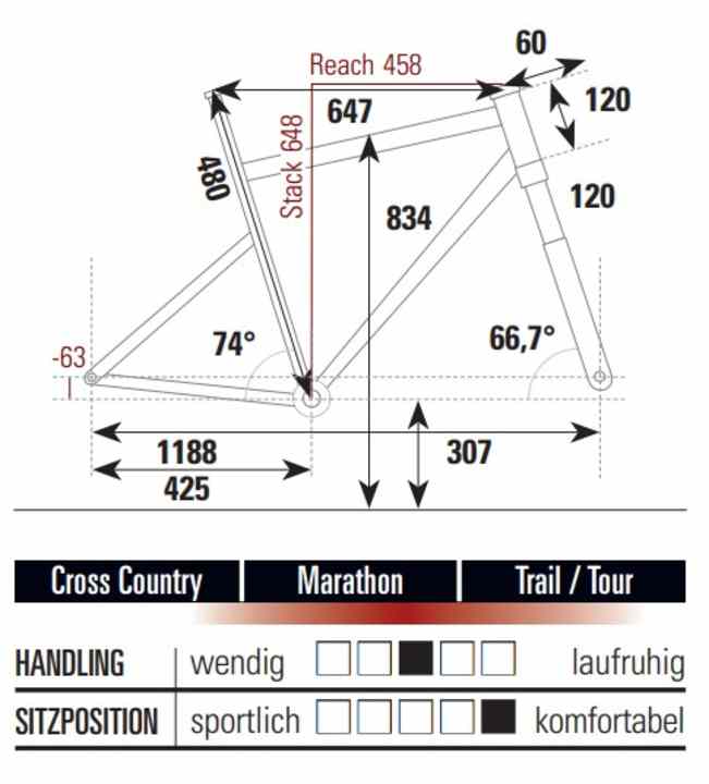Die Geometriedaten des Focus Raven 8.9 in Rahmengröße L - auffällig: die hohe Front und der flache Lenkwinkel.