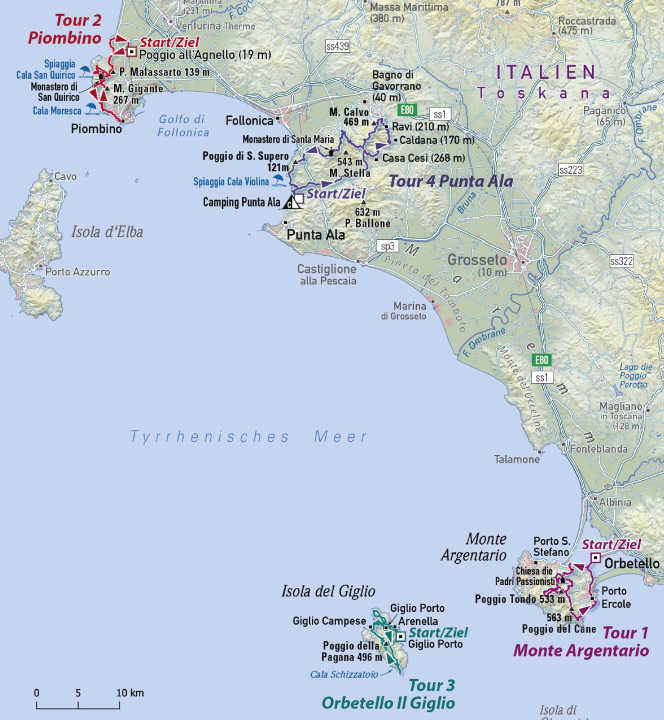 The E-MTB tours in Tuscany in the overview map 