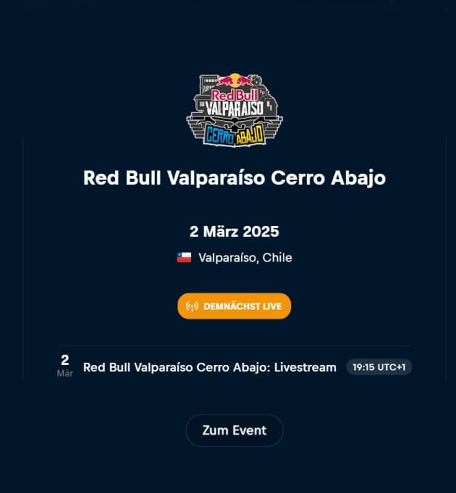 The time has come this weekend: Cerro Abajo Valpo with Johannes Fischbach.
In the livestream on Red Bull TV
