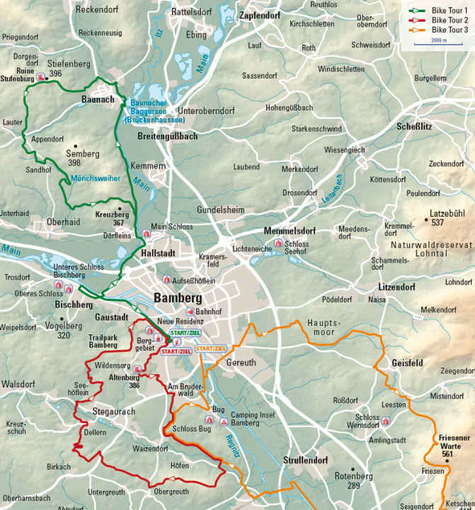 The three BIKE tours around Bamberg in the overview map.