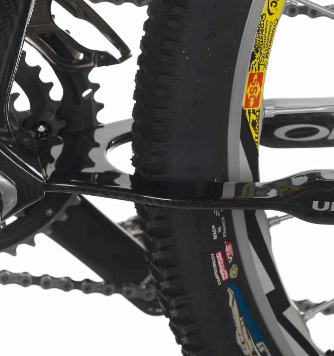   Kohlefaser statt Drehpunkt: Die Kettenstreben übernehmen die Funktion eines Hauptlagers. Das „Oiz Carbon“ ist kein Bike von der Stange.