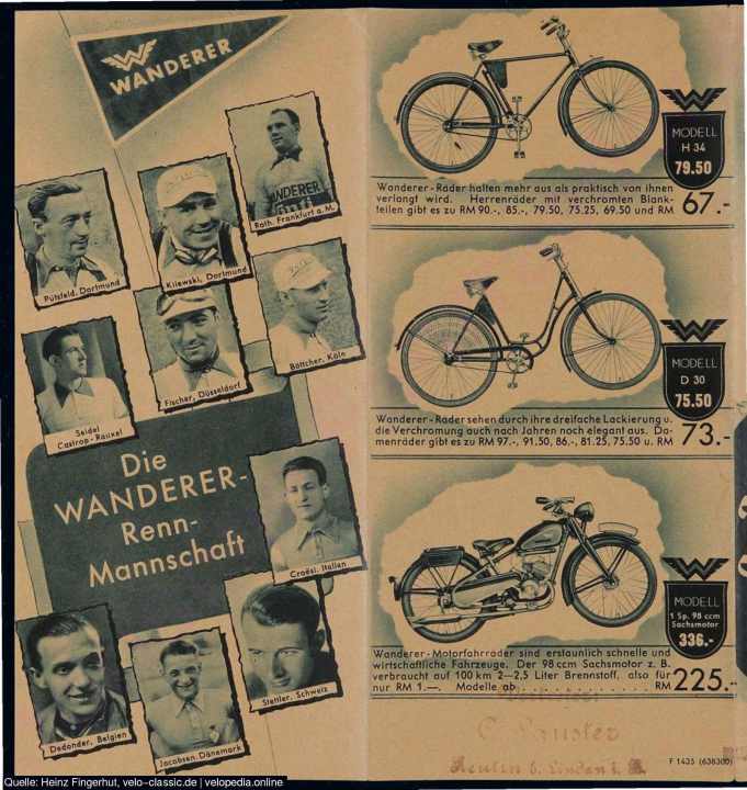 Publicité : professionnels du cyclisme et produits du fabricant Wanderer.