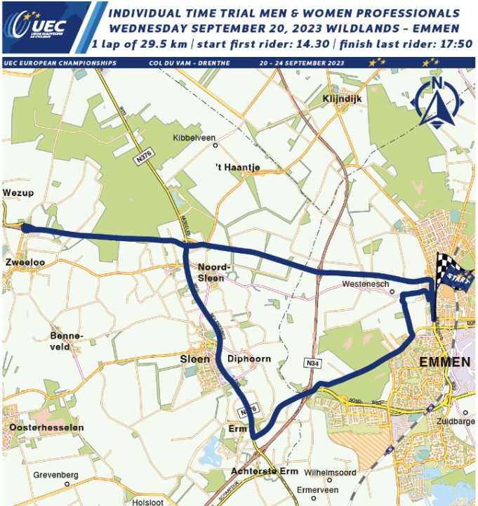 The route of the 2023 European Championship individual time trials for the elite women and elite men