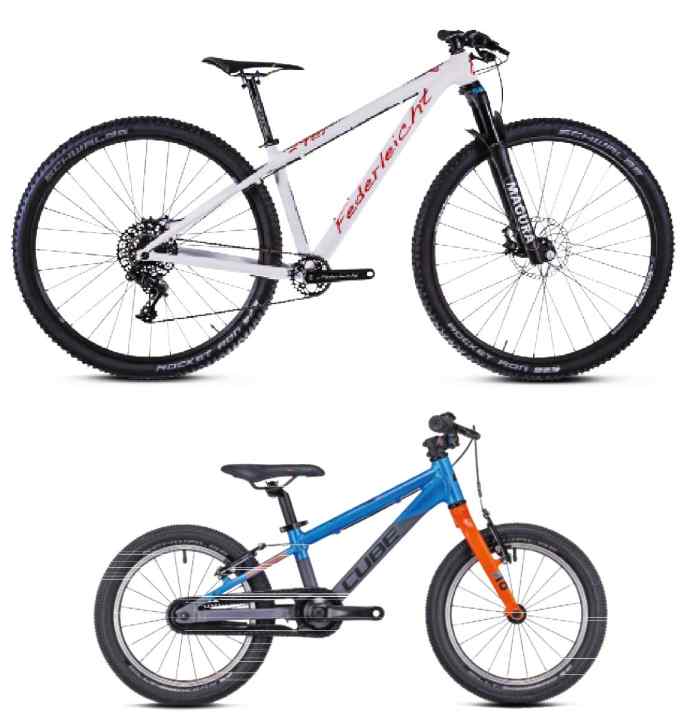 Die ganze Welt des Kinderrades mit 
zwei extremen Polen: Los geht’s ab rund 3 Jahren mit 16 Zoll wie beim im Foto unten abgebildeten Cube Cubie 160. 
Das klein geschrumpfte 29er von Federleicht (oben) ermöglicht 
den Umstieg auf die größten Räder dann ab zehn Jahren und 1,45 m Körpergröße.