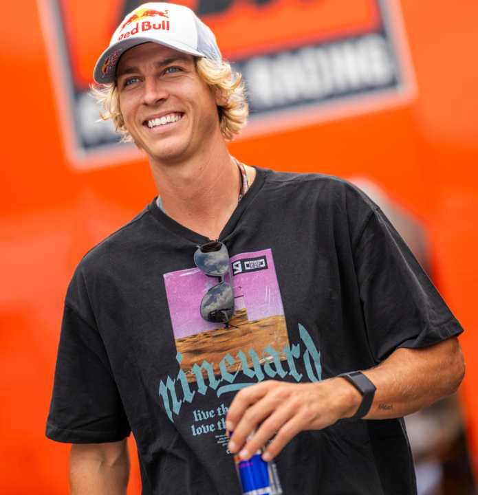 Has a good laugh: Fabio Wibmer lives in Monaco and socialises with the beautiful, the rich - and the fast. Here during the MotoGP World Event in Spielberg, Austria.