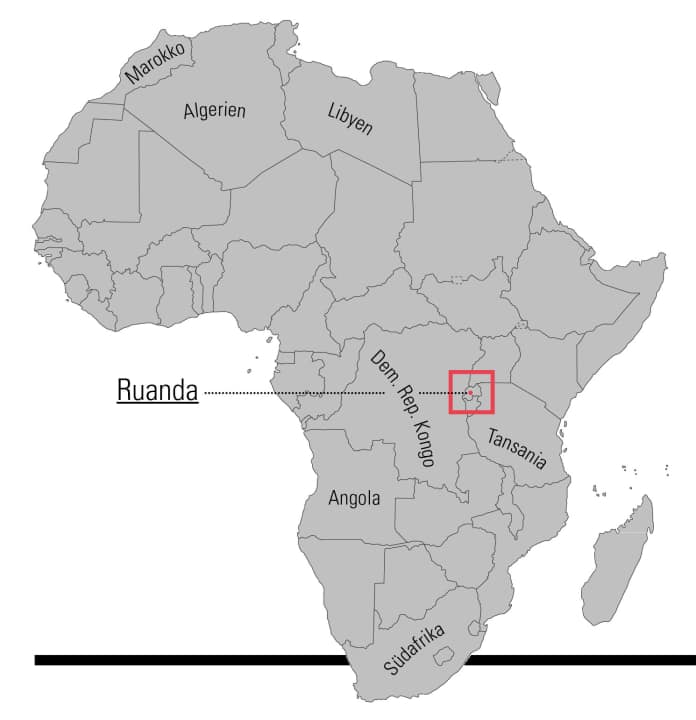 Das kleine Ruanda liegt eingerahmt zwischen Tansania, Kongo, Uganda und Burundi 