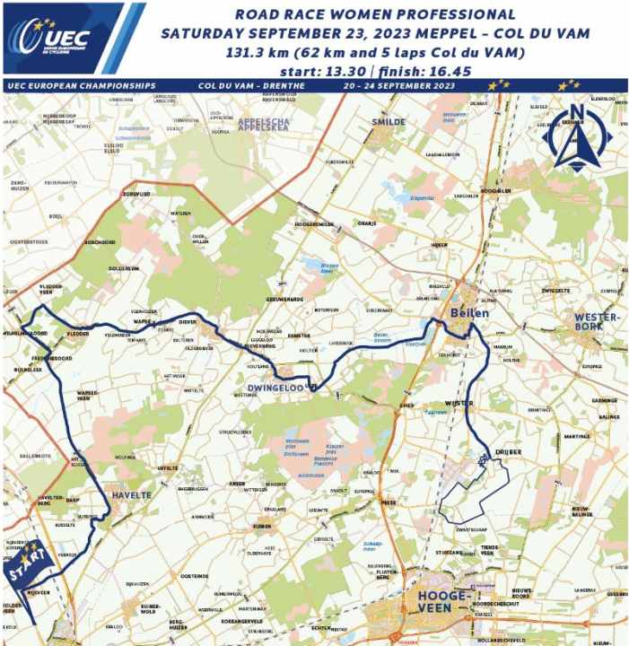 The route of the 2023 European Championship women's elite road race
