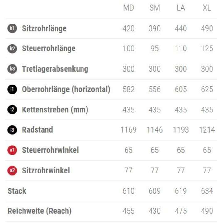   Die Geometriedaten des BH Lynx Trail Carbon auf einen Blick.