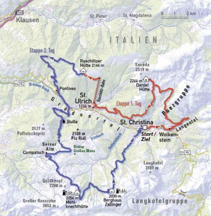 Zwei Tage lang mitten im Dolomiten-Panorama: die Raschötzhütten-Tour.
