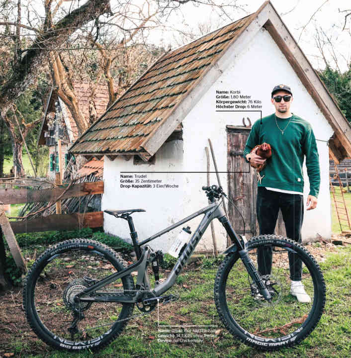 Korbi, chicken and his Pro-Bike