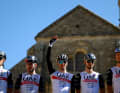 Tadej Pogacar (centre) with his team-mates before the start of the Clasica Jaen Paraiso Interior race